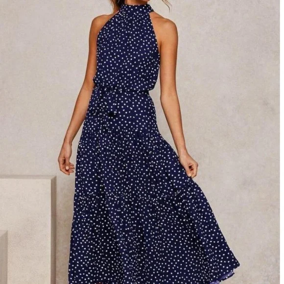 Blue Polka Dot Halter Dress - Picture 2 of 4